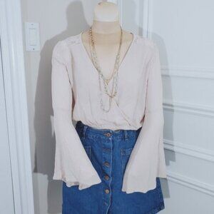 Blush Bell Sleeved Surplice Wrap Crop Top